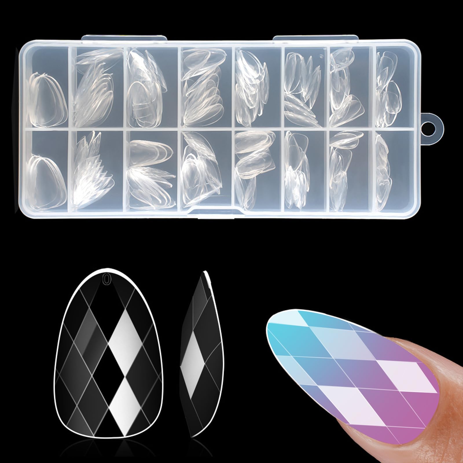 ZAHVRIA Clear Short Almond Nail Tips - 120 Pcs 3D Diamond Shapes, Soft Gel Full Cover Acrylic Extensions in 15 Sizes for Salons and Home DIY