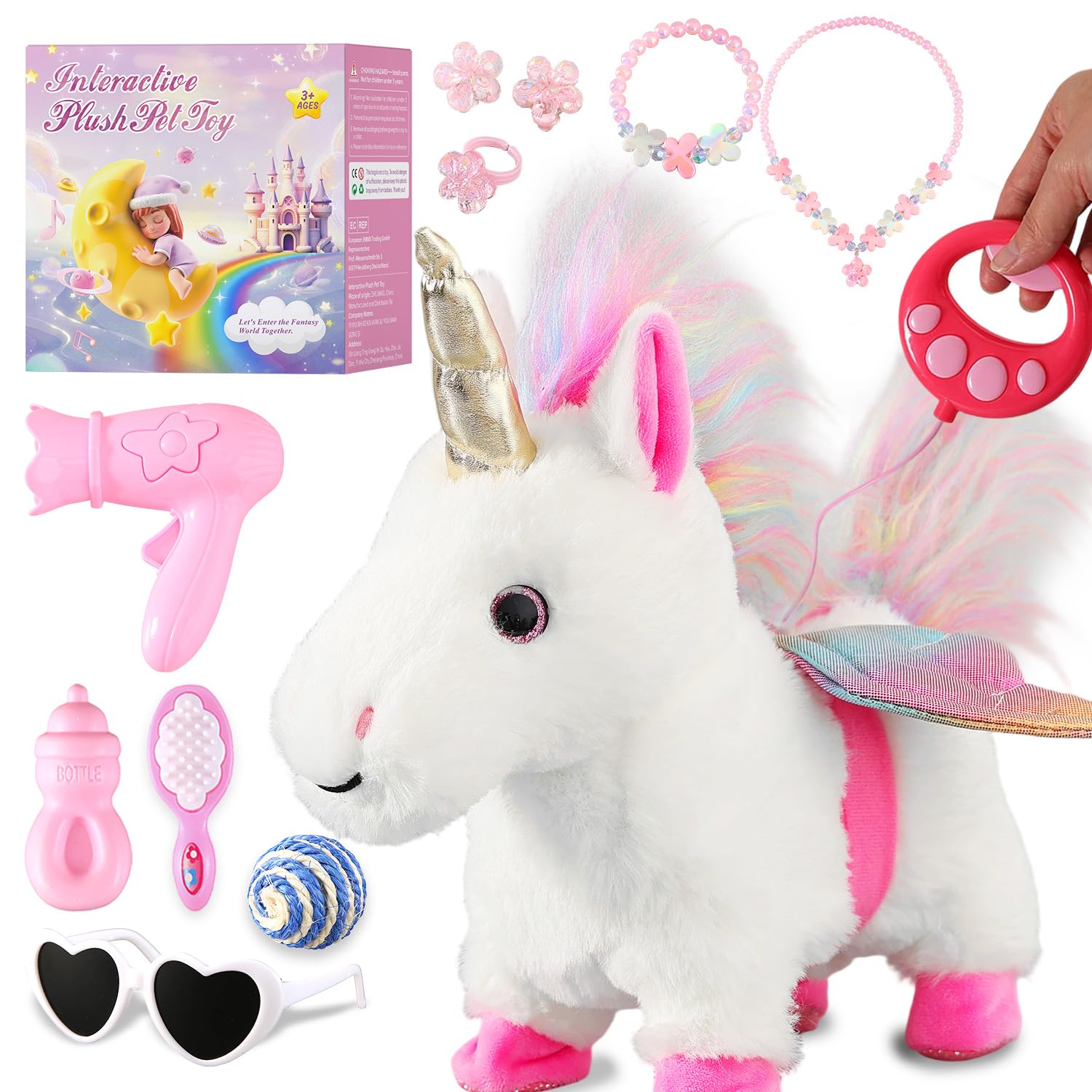 White Unicorn Toys for Girls Toy Set Singing Walking Electronic Plush Unicorns with Control Leash, Pretend Dress Up Cute Wings Animated Stuffed Unicorn Gift for Girl Toddler Kids 3 4 5 6 Years