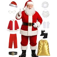 Disfraz De Papá Noel Lujoso Para Hombre 12 Piezas - Traje De Terciopelo Rojo Con Piel Sintética, Talla 2XL