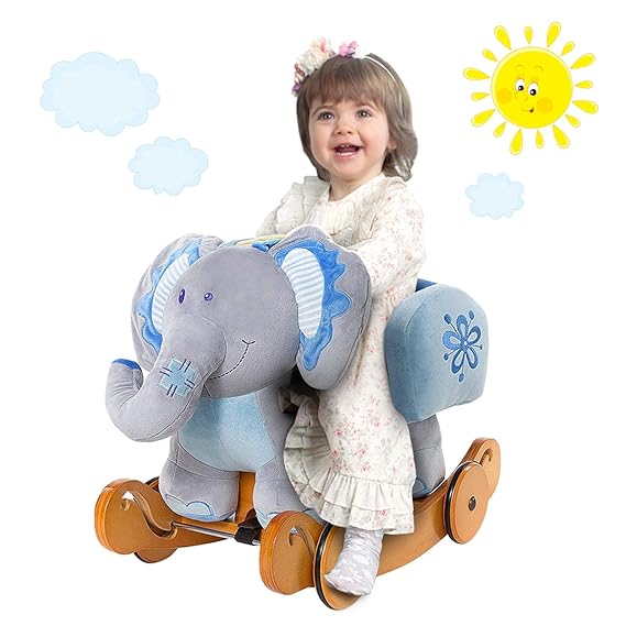 labebe Baby Schaukelpferd Holz mit Räder, 2-in-1 Schaukeltier Elefant, Schaukelpferd Blau für Baby 1-3 Jahre Alt, Kleinkind S
