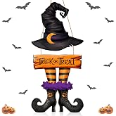 BBTO Halloween Door Decorations Witch Wreath Decor Trick or Treat Wood Sign | Black Witch Hat and Boots Hanging Sign, Halloween Front Door Porch Decor, Halloween Party Favors for Wall Indoor Home Decor