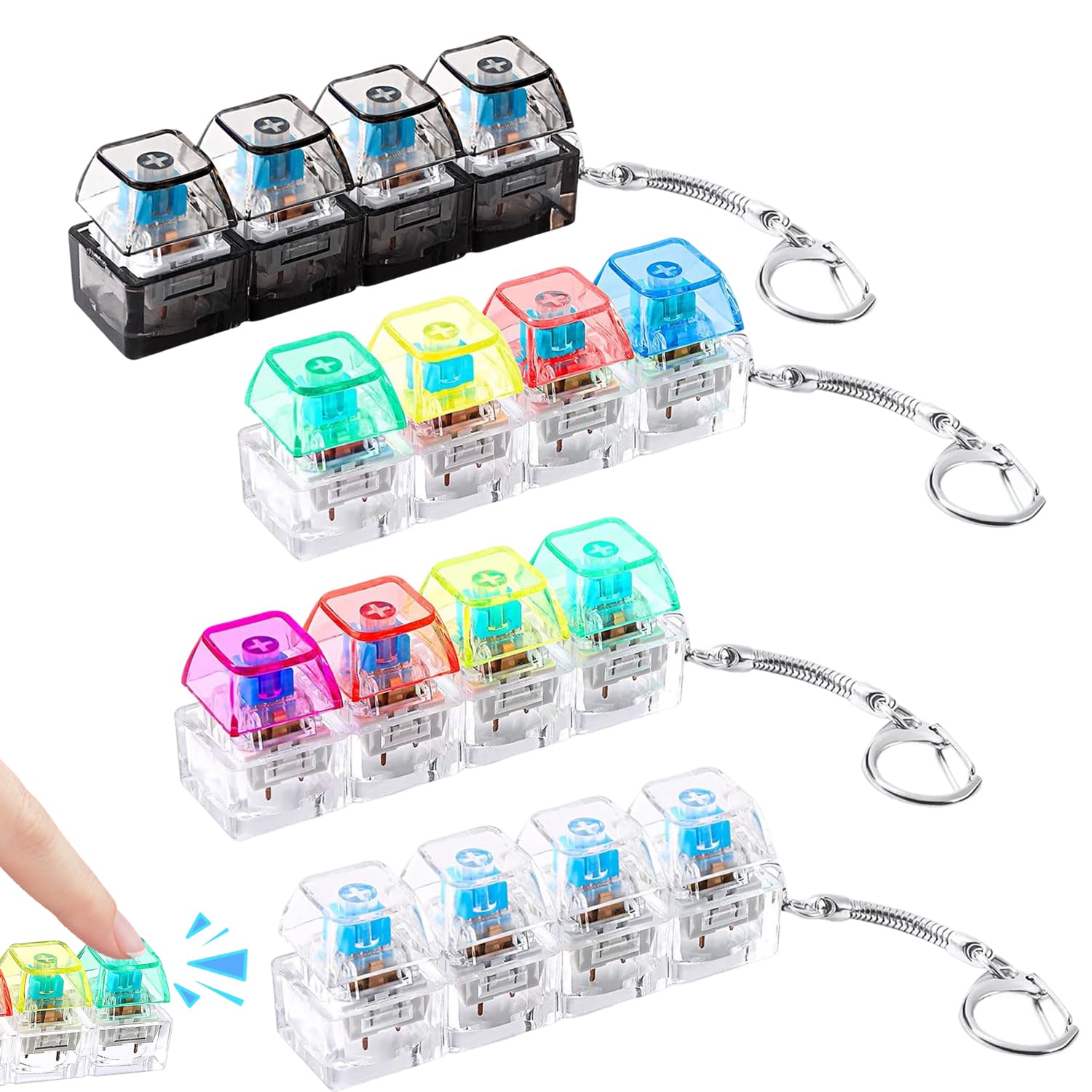 4-Piece Transparent Clear Keyboard Fidget Toy, Clicky Keyboard Sensory Clicker, Premium PC Plastic Funny Keyring with Crisp Sounds for Stress Relief, Office Desk & Travel