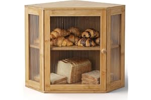 TIRYIUOU Corner Bread Box for Kitchen Countertop: Bamboo Storage Container for Homemade Bread, Two Layer Breadbox under Cabin