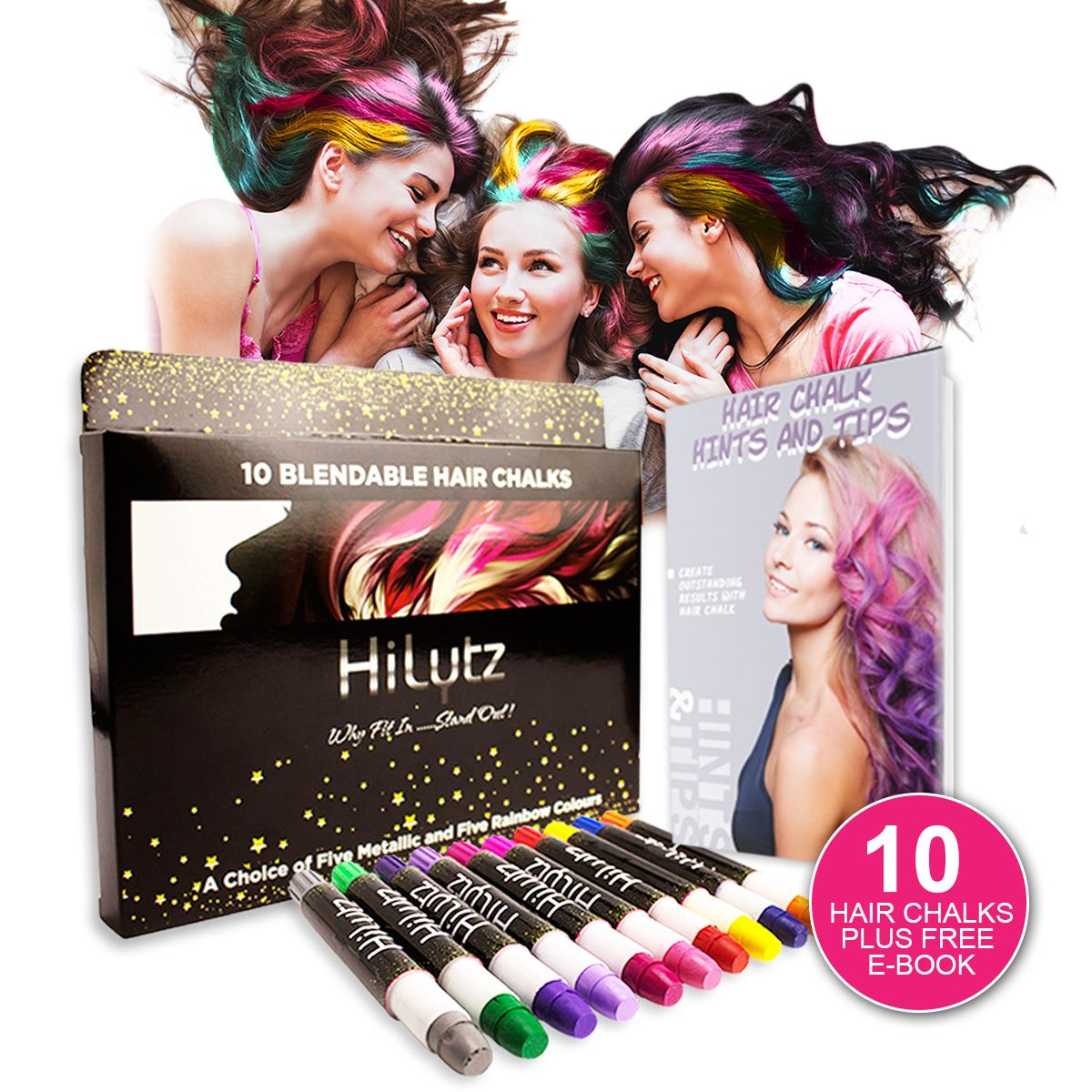 HAIR CHALK 10 Temporary Hair Colours + 3 GLITTERS, SILVER, PINK, GOLD