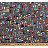 Cotton Science Experiments Chemistry Lab Laboratory Equipment Beakers Test Tubes Multi-Color on Gray Science Fair 2 Cotton Fabric Print by The Yard (D759.31)