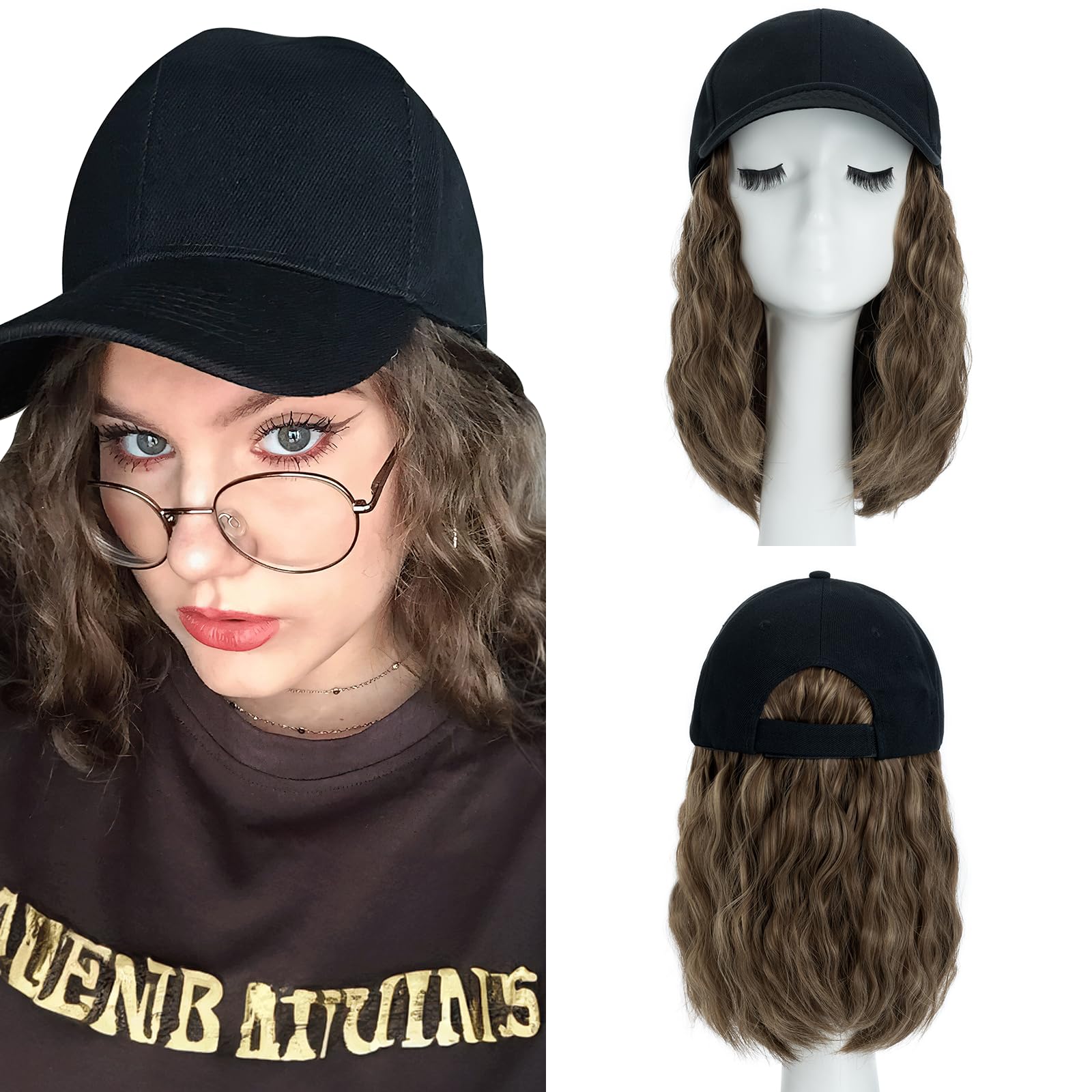 8 Inch Baseball Cap With Hair Extensions BOB Synthetic Hair With Attached Black Hat With One Piece Hair Extensions For Women - Ash Brown & Light Auburn โ image 1