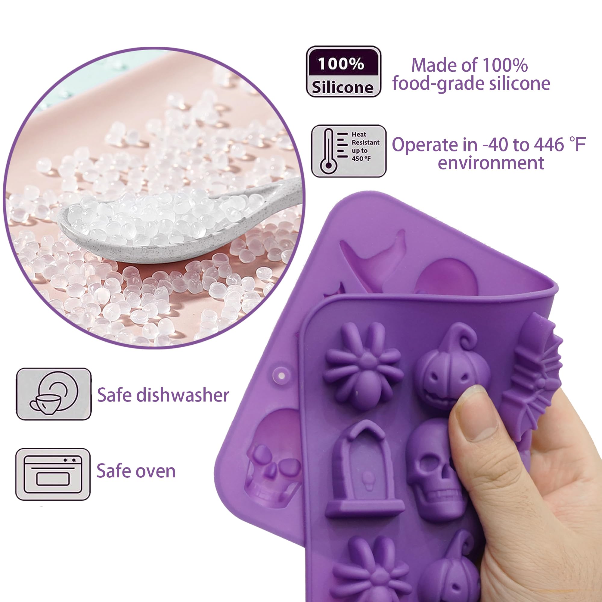 Halloween Molds Silicone for Chocolate 2 Pack, 3D Halloween Chocolate Candy Gummy Mold Skull Pumpkin Bat Ghost Witch Hat Spider tombstone Shapes Mold