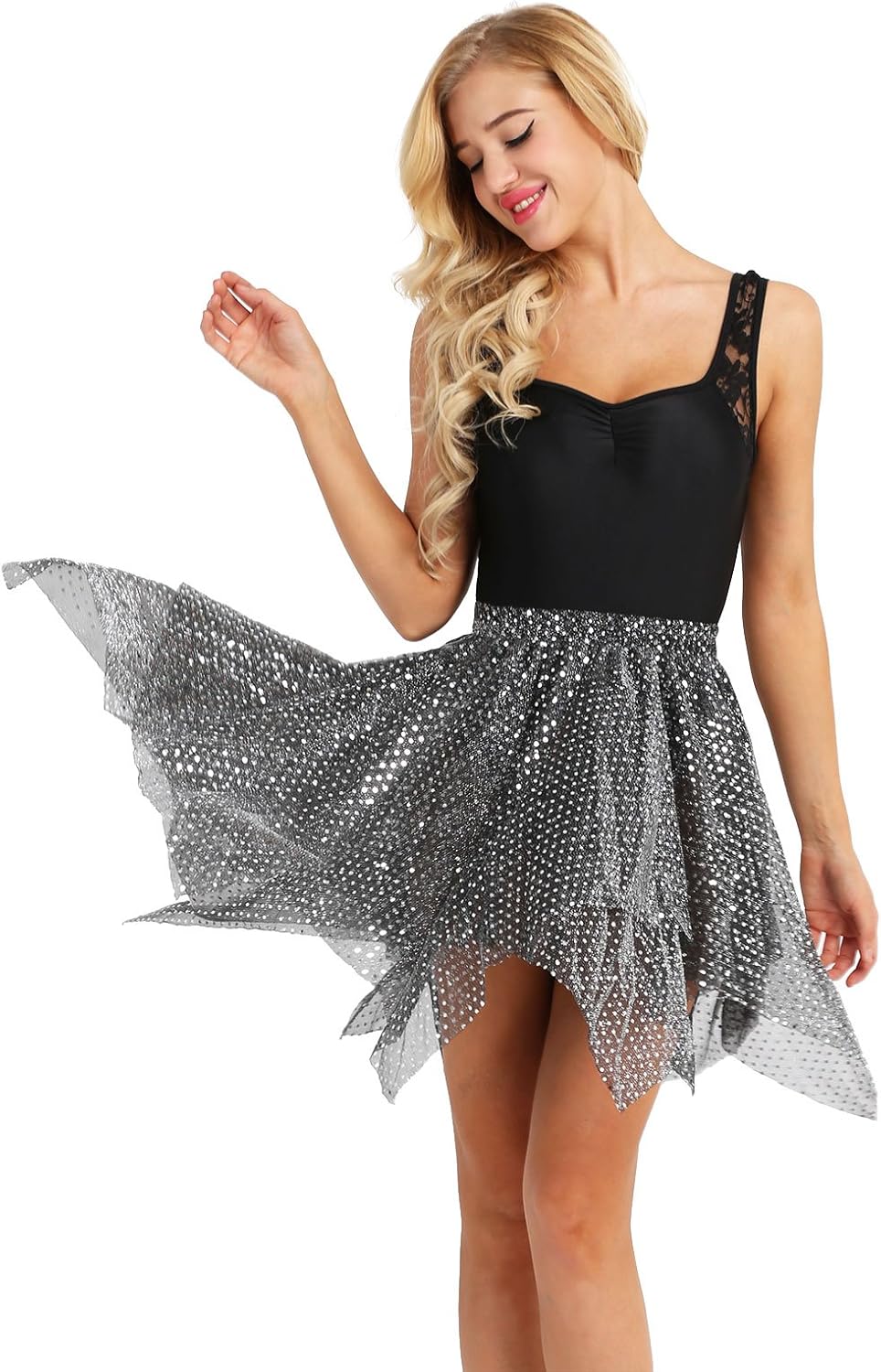 iEFiEL Womens Glitter Sequin Asymmetric Layered Tulle Party Latin Dance