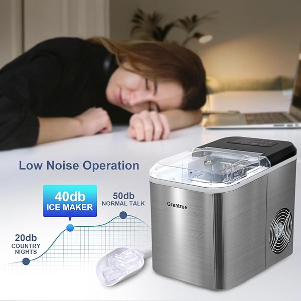GREATRUE COUNTERTOP ICE MAKER, 9 ICE CUBES IN 6 MINS, 33 LBS/24 HRS, 2 ICE CUBE SIZES, SELF-CLEANING, QUIET OPERATION, COMPACT DESIGN FOR HOME/OFFICE/KITCHEN/CAMPING (STAINLESS STEEL)