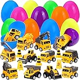 Vellibring 12pcs Prefilled Easter Eggs with Toys Plastic Easter Eggs Pull-Back Engineering Vehicles with small signpost Easter Basket Stuffers with cars Easter Egg Hunt Filler Classroom Party Favor