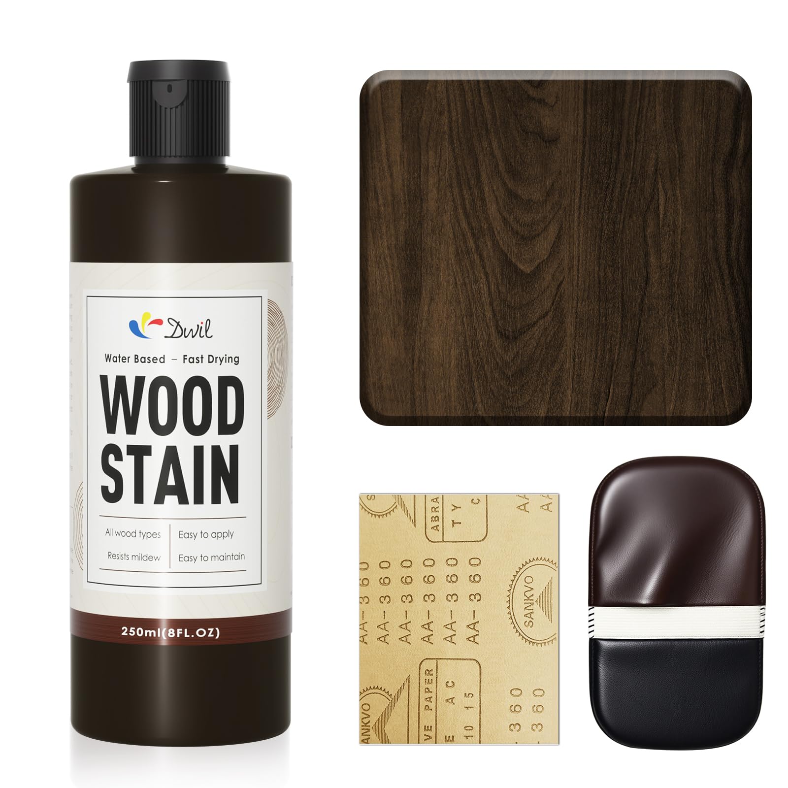 Photo 1 of DWIL Water Based Wood Stain - Multiple Finishes, Fast Drying, Indoor and Outdoor Furniture, Wood Paneling, Cabinets and More, Low Odor ? Non-Toxic (8.5oz Black Walnut)-with Tools