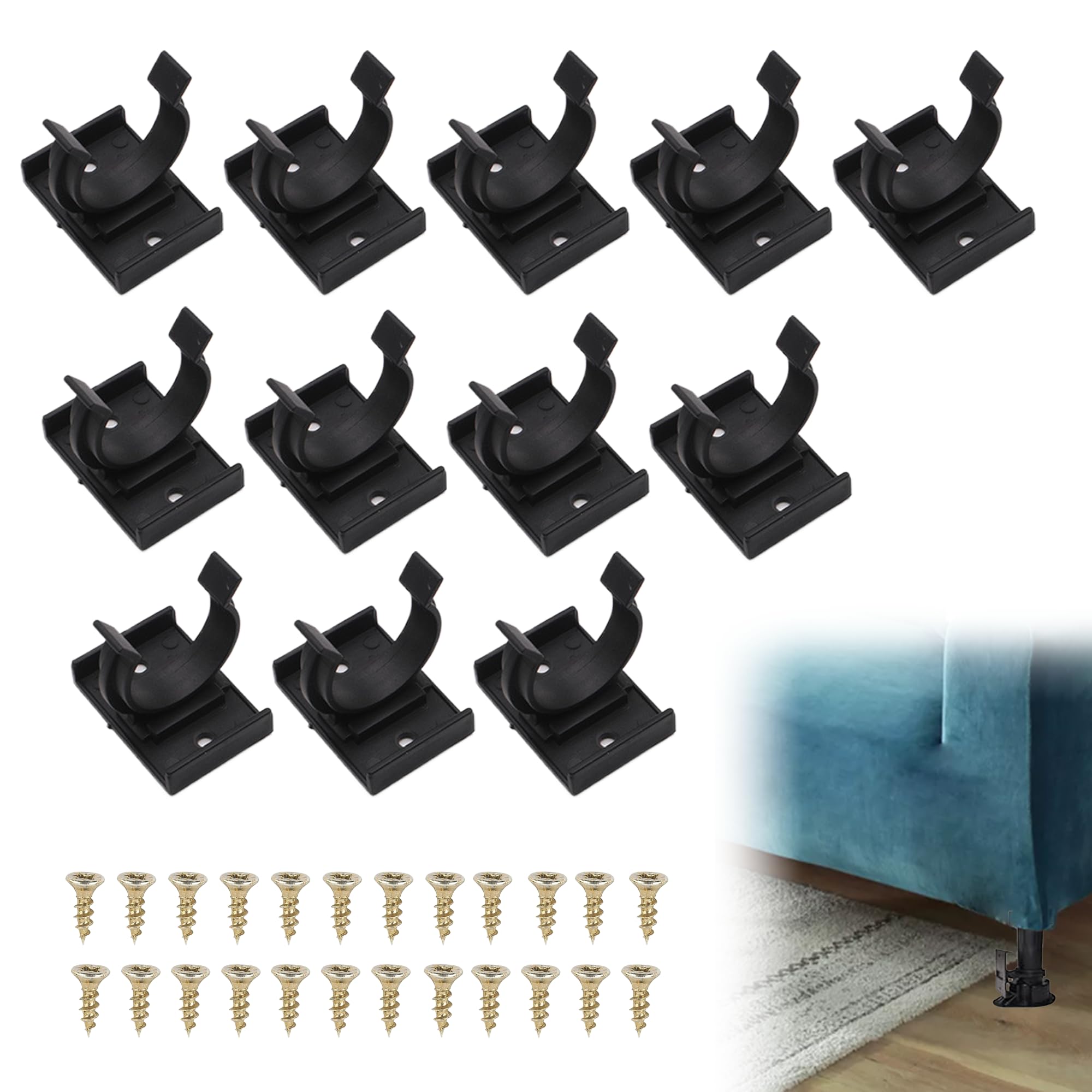 12Pcs Plinth Clips, Black Kitchen Plinth Clips with 24 Screws, Cabinet Plinth Clips Bracket, Heavy Duty Board Clips for Secure Installation, Kickboard Clips for 28-32mm Sofa Bed Furniture Table Legs