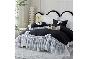 IHOUSTRIY Duvet Cover Full Size, Ruffle Beddding Set with Bowtie, 3 Pieces Comforter Cover Set with Zipper Closure, Girl Princess Bedding with Pillowcase - Black, Full