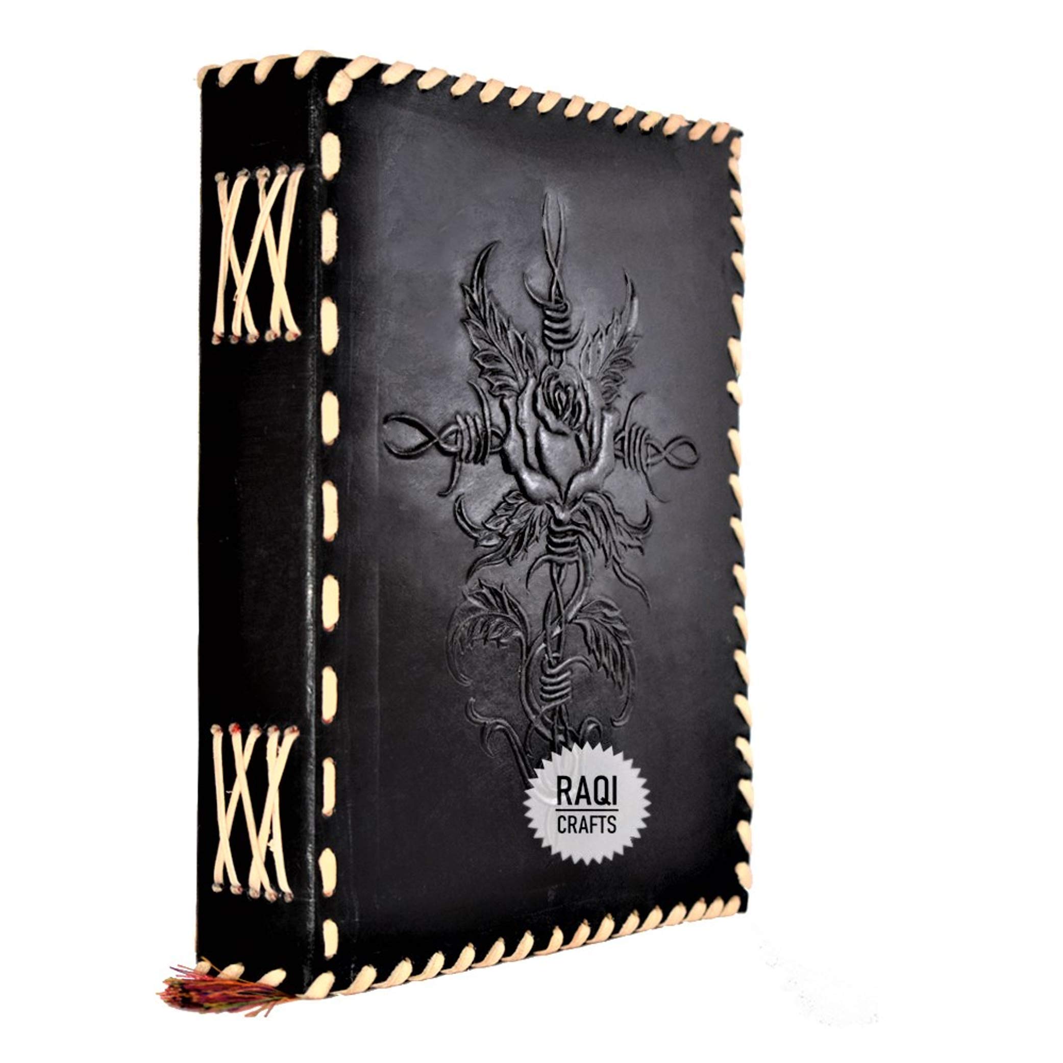 Raqi Crafts-Handmade Vintage Genuine Leather Journal embossed Celtic Rose Cross Holy Rose. Notebook Notepad Souvenir Book of Shadows Sketchbook Travel Diary Scrapbook Gift Men Women | Black 9x7 in