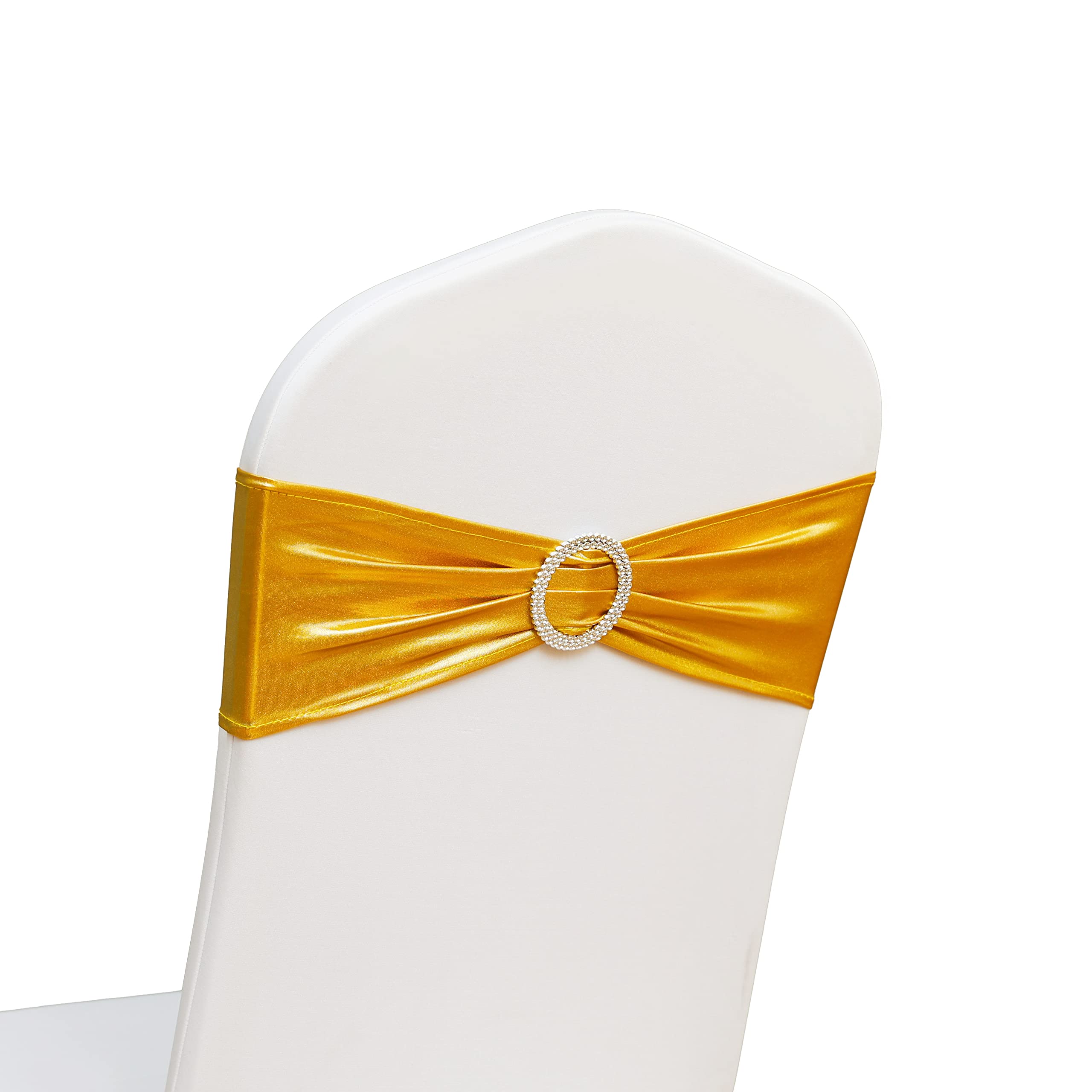 Elastic Stretch Spandex Chair Covers Sashes Bands With Buckle Bows For Wedding Home Party Suppliers Decorations (Metallic Gold, 50PCS)