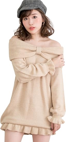 Amazon メアリーローズ 0103 オフショル リボン 2way ふわもこ フリル ニット ワンピース M ベージュ ワンピース チュニック 通販