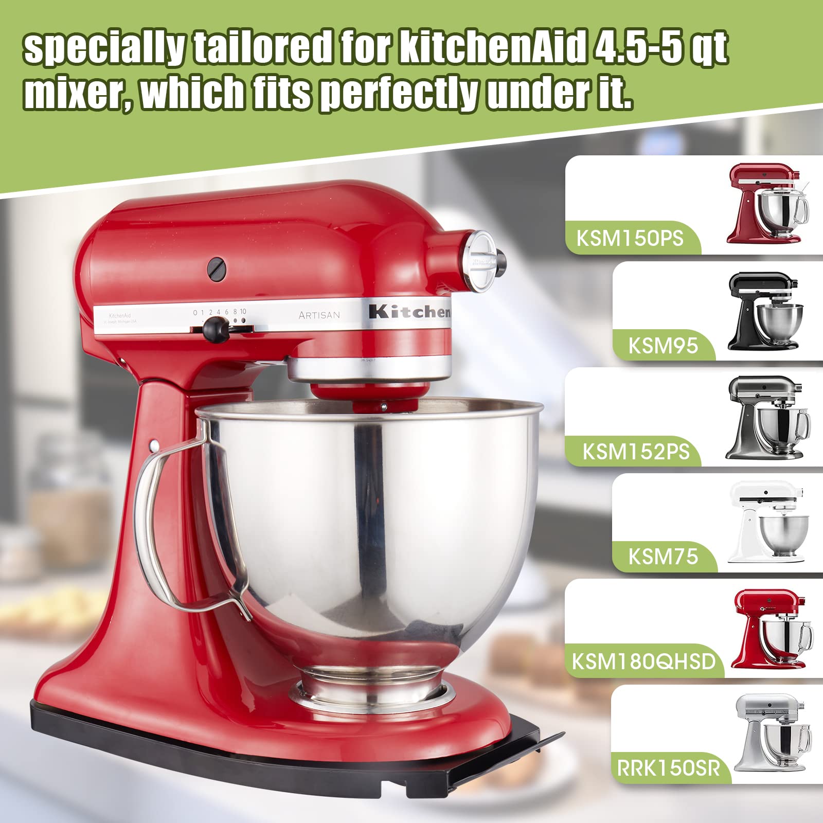 Mixer Sliding Tray for Kitchenaid 4.5-5 Qt Tilt-head Stand Mixer - Metal Rolling Tray Kitchen Countertop Appliance Slider Storage Moving Caddy with Wheel for Kitchen Aid 4.5-5 Qt Mixer