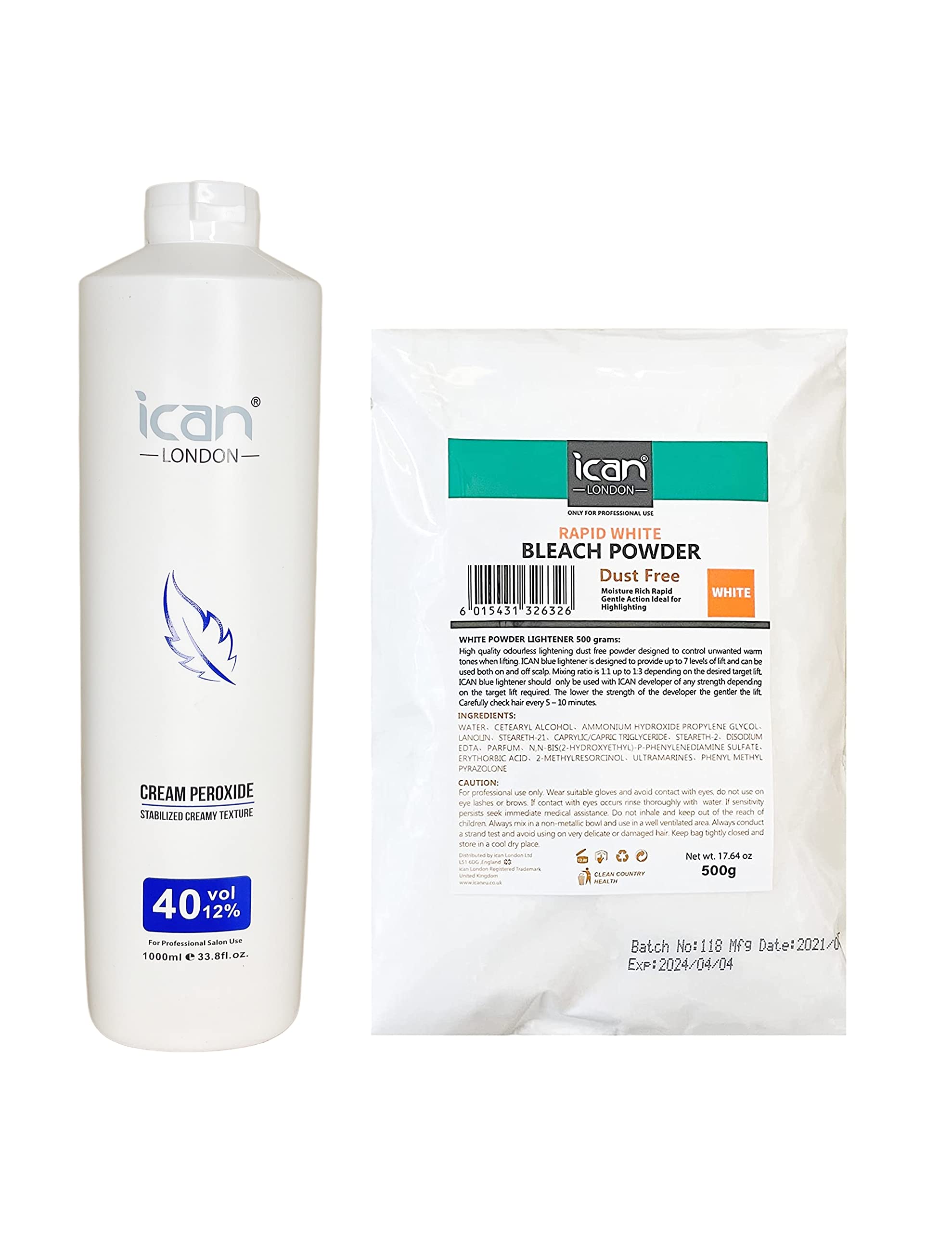 ICAN LONDON PROFESSIONAL CREAM PEROXIDE 40 VOL 12% 1000 ML + WHITE POWDER BLEACH 500 G COMBO SET