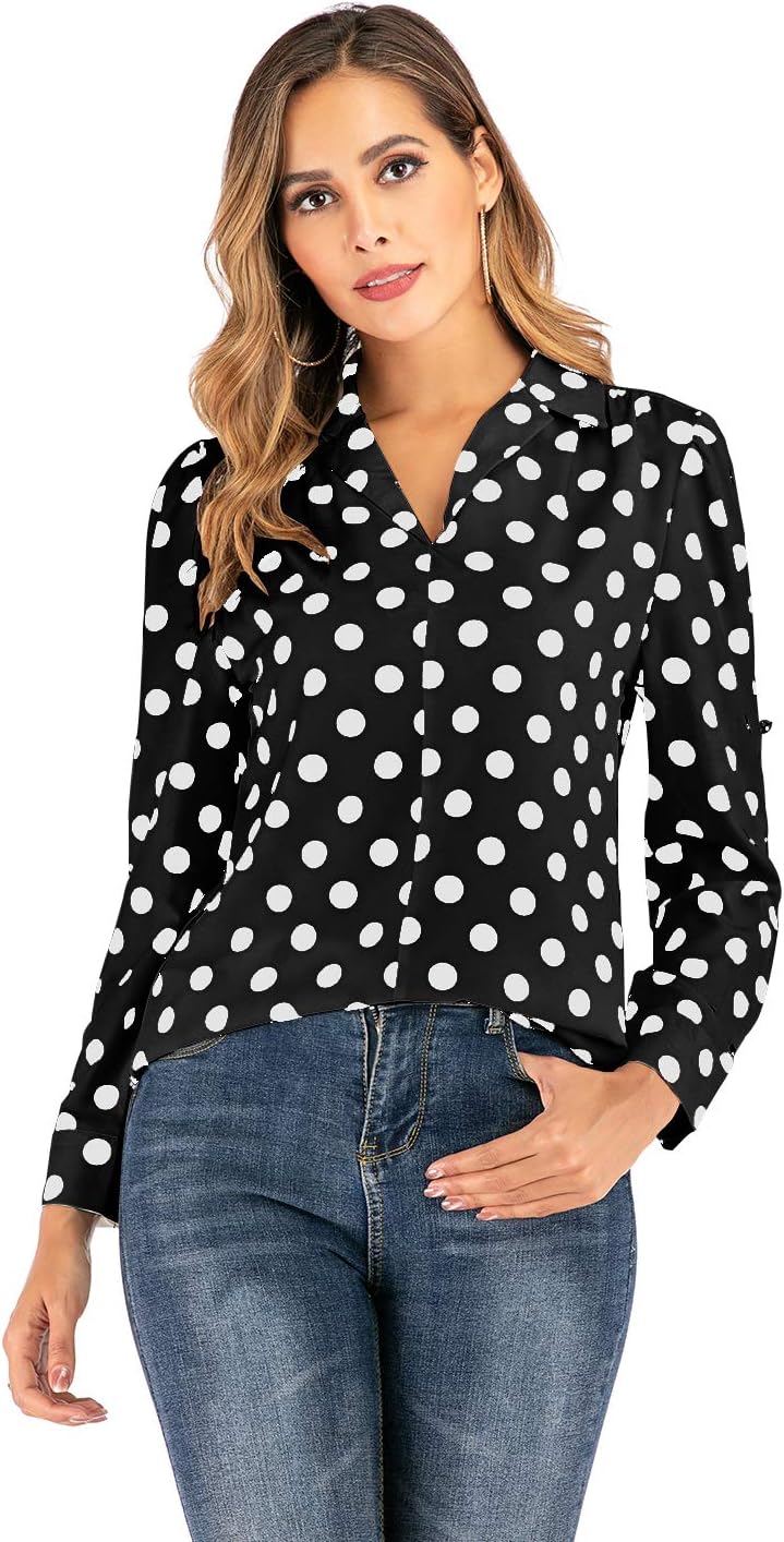 SHENGYI Women's Business Office Shirt Casual 3/4 Sleeve V Neck Polka Dot Blouse Tops