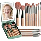 BS-MALL Travel Makeup Brush Set – 14 Pcs Foundation Powder Concealers Eye Shadows with LED Light Mirror, Green