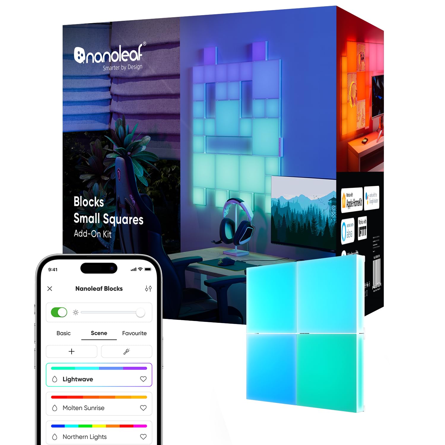 Nanoleaf Blocks Expansion Kit | 4 Mini Squares (Requires Starter Kit), RGBW Color-Changing Panels, Adjustable Colour Temperature 1200K-6500K, Soft Lighting Cozy Ambiance (11.6 x 11.6 cm Each)