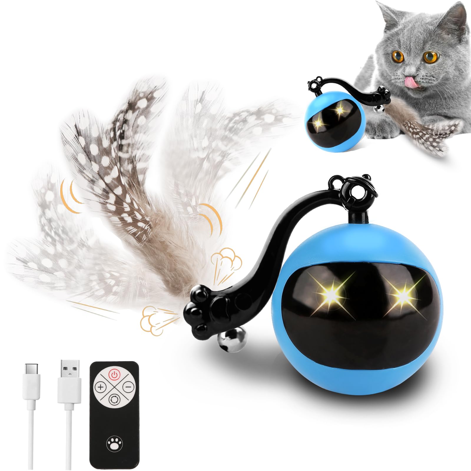 Lyneun Interactive Cat Toys, Automatic Cat Toy with Feather Tail, Rechargeable Toys for Cats with Sensor Mode, 360°Electric Cats Ball Toy, Remote Control Cat Toy for All Indoor Floors and Carpets