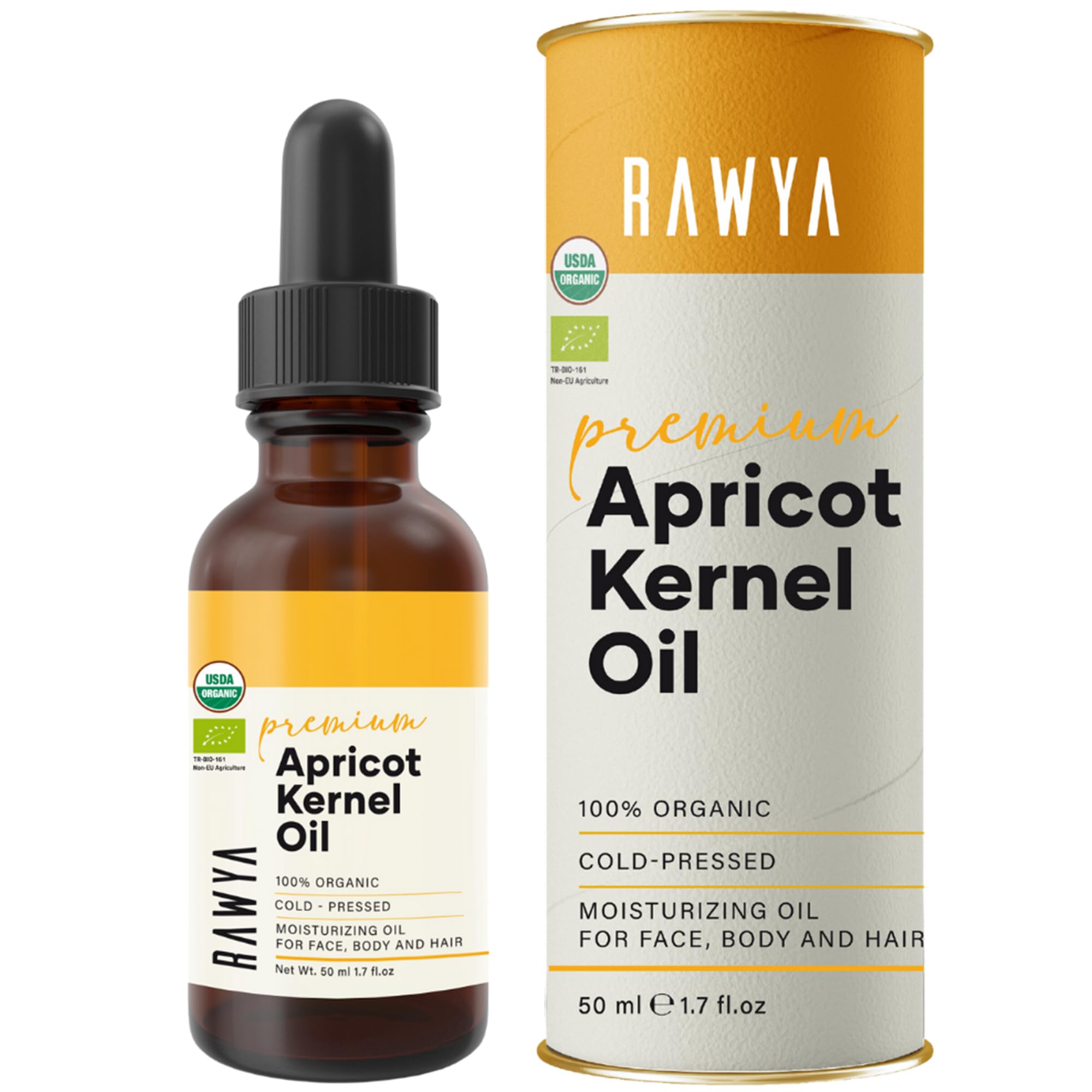 Rawya Organic Apricot Kernel Oil - Cold-Pressed Moisturizing Oil for Face, Body & Hair, Non-GMO, Vegan, Kosher, Ideal for Skincare & Aromatherapy, Carrier for Essential Oils, Glass Bottle - 50ml