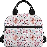 Jolamirel Stethoscope Pills Print Nurse Lunch Tote Bag for Women Daisy Flower Zipper Shoulder Handbags with Compartments