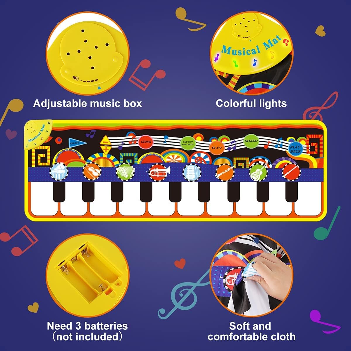 RenFox Baby Piano Mat with 25 Music Sounds, Kids Musical Playmat, Early Education Development Birthday Gift Music Toy for 1 2 3 Year Girls Boys, Piano Keyboard Touch Play Blanket for Child Toddlers