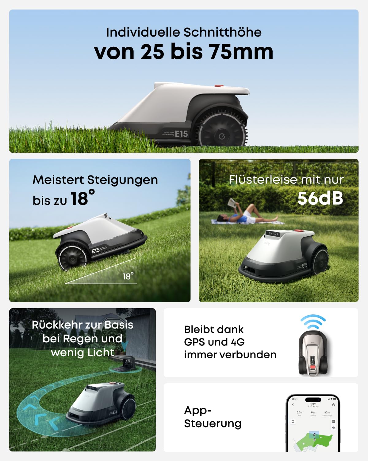 eufy E15 Mähroboter ohne Begrenzungskabel, Keine Signalausfälle, Kein RTK, TrueVision Technologie, Garten bis 800m², Smart-Navigation, Präzisionsrandschnitt, Hindernisvermeidung, App-Steuerung 9