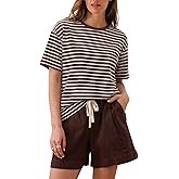 Allimy Women's Vintage Oversized Tee Short Sleeve Striped T Shirt Loose Fit Crewneck Tops Casual Summer Blouses