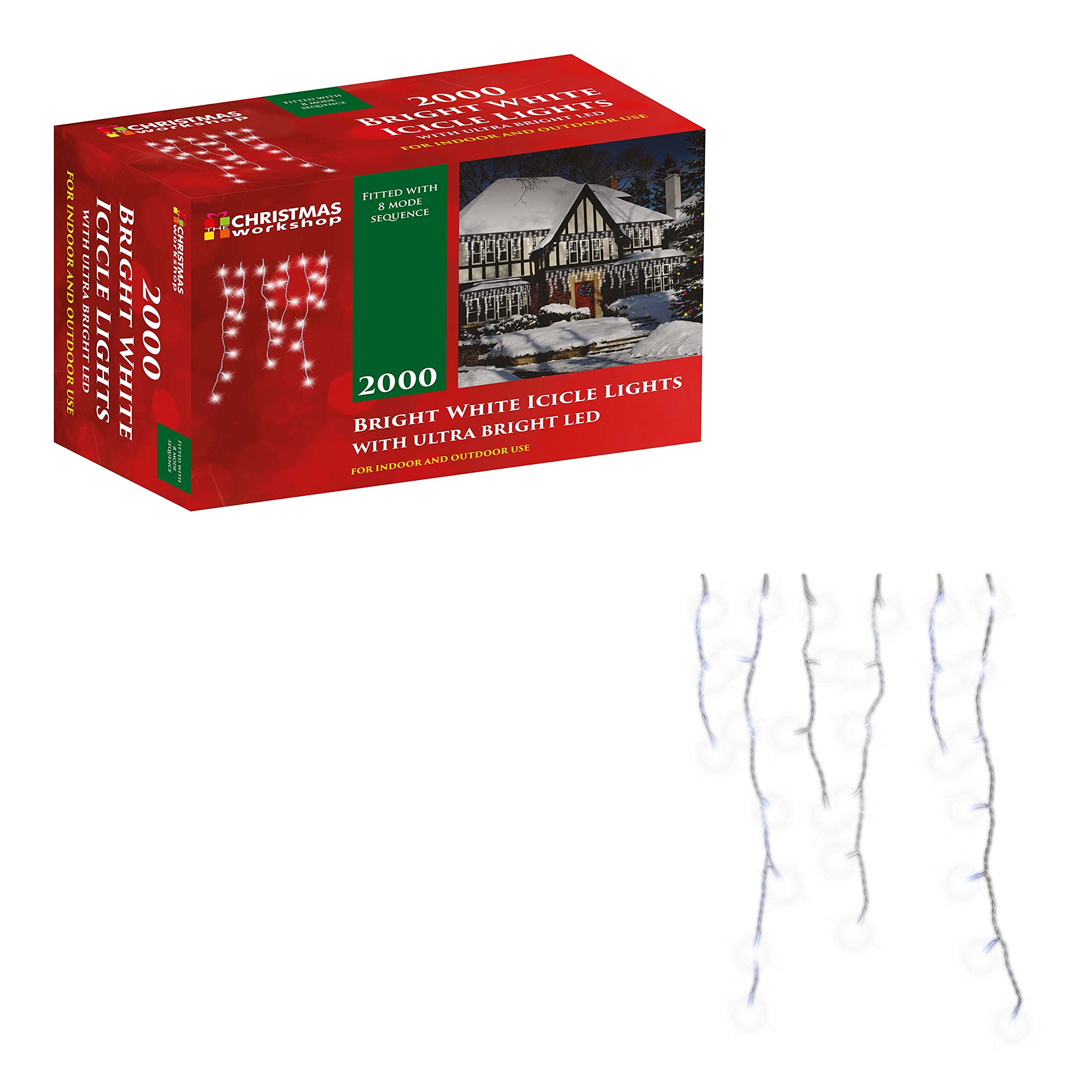 Christmas Workshop 86310 2000 Icicle LED Outdoor Christmas Lights | 47.8 Metres | Bright White Colour | Indoor & Outdoor Fairy Lights | Weddings & Gardens | 8 Functions | Mains Powered