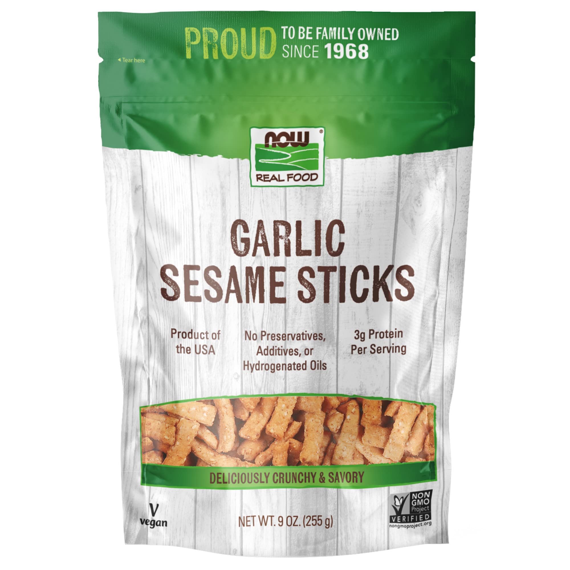 NOW Foods, Garlic Sesame Sticks, Product of the USA, No Preservatives, Additives or Hydrogenated Oils, Delicious Garlicly Flavor, Certified Non-GMO, 9-Ounce (Packaging May Vary)