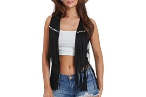 MAINESAKA Women Vintage Western Fringe Vest Cowboy Cowgirl Clothes 70s Hippie Vest Tassel Country Concert Fringe Tops Shirts