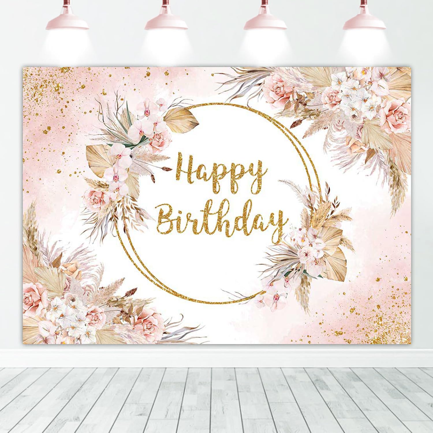 Photo 1 of Mocsicka Boho Happy Birthday Backdrop 7x5ft Bohemian Pampas Grass Blush Birthday Party Decorations Photo Backdrops Boho Floral Girl Birthday Photography Background