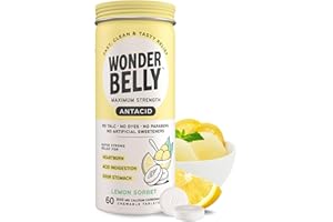 Wonderbelly Antacid, Effective Heartburn and Instant Acid Indigestion Relief, Extra Strength Chewable Tablets, 1000 mg Calcium Carbonate, No Talc or Dye, Lemon Sorbet, 60 Count