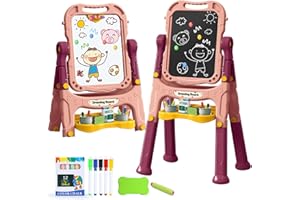 HOLYFUN Toddler Art Easel for Kids, Double-Sided Magnetic Whiteboard & Chalkboard with Painting Accessories, Rotatable Easel Toy, Great Christ Gift for Boys and Girls
