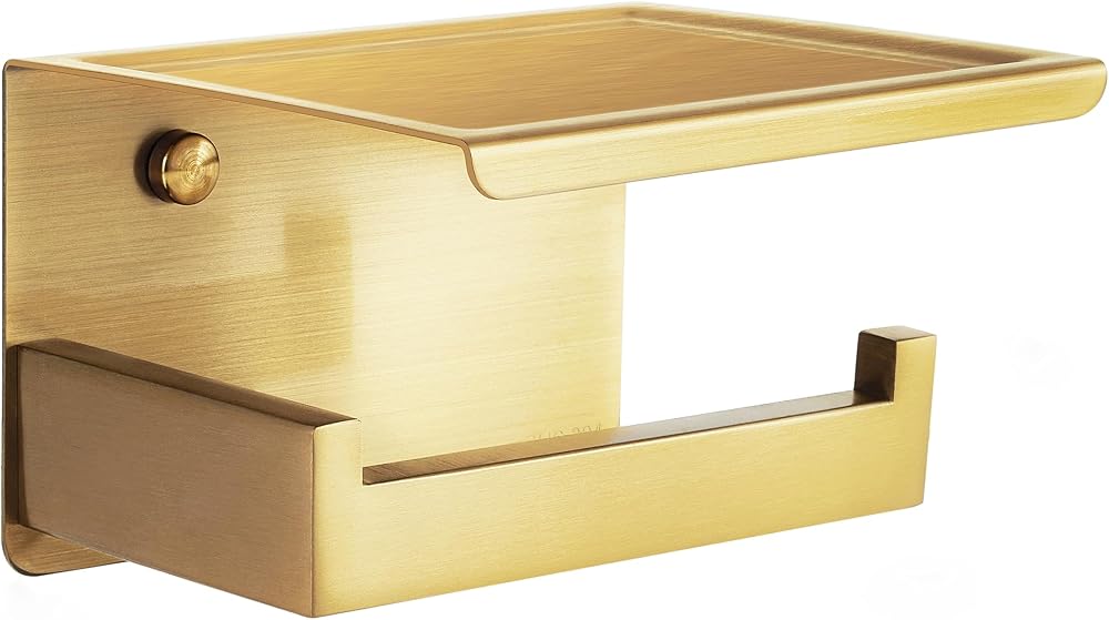 HITSLAM Brushed Gold Toilet Roll Holder with Phone Shelf SUS 304