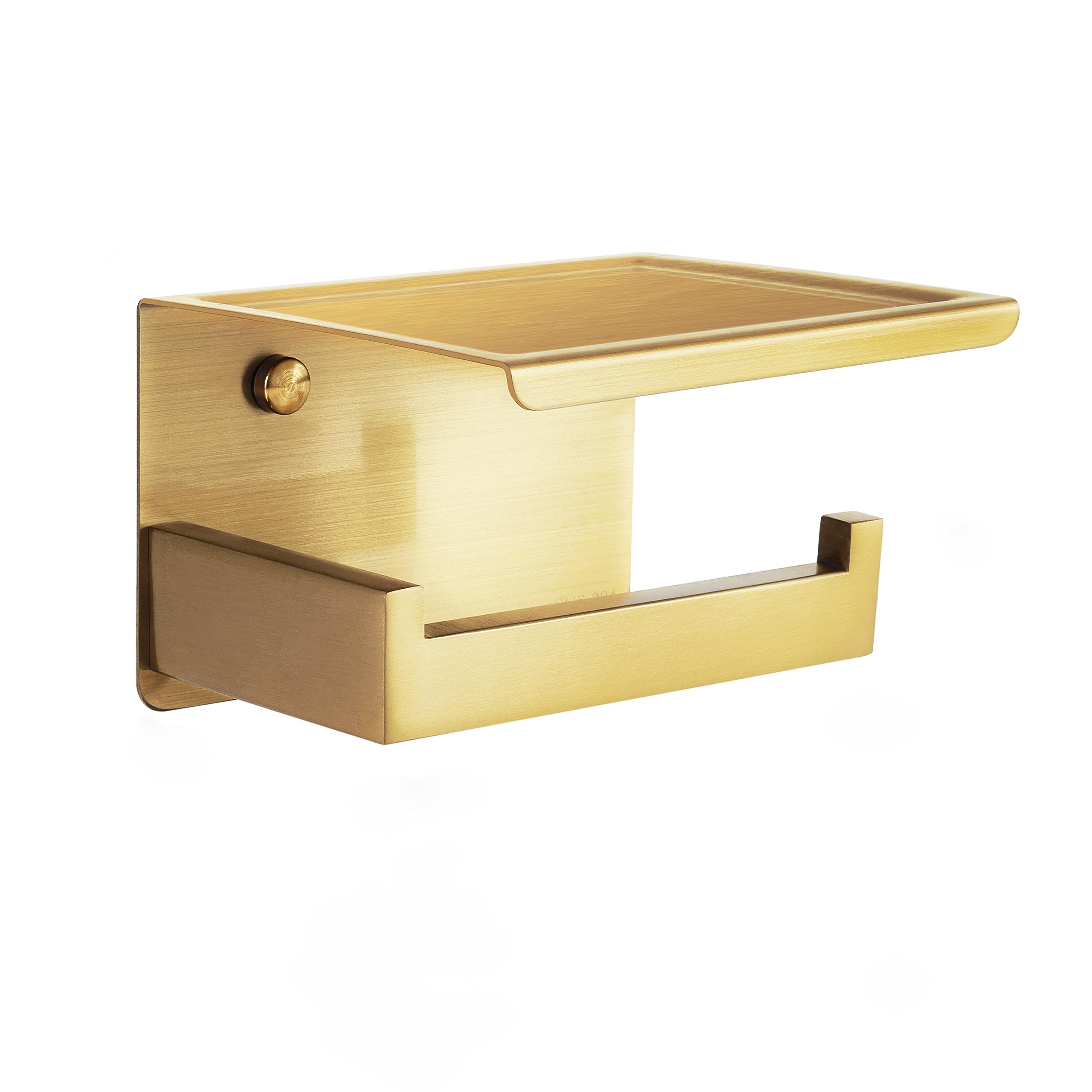 HITSLAM Brushed Gold Toilet Roll Holder with Phone Shelf, Stick on Brass Toilet Paper Holder for Bathroom, SUS 304 Stainless Steel, Two Installation of Self-Adhesive and Wall Mounted