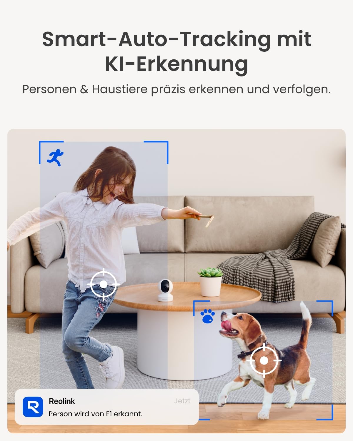 Reolink 2K Überwachungskamera Innen, 360°-Ansicht Indoor Kamera WLAN mit Auto-Tracking, Baby Monitor mit Personen-/Tier-/Weinen-Erkennung, 2,4 GHz Wi-Fi, Privatmodus, 2-Wege-Audio, E1 4MP 3