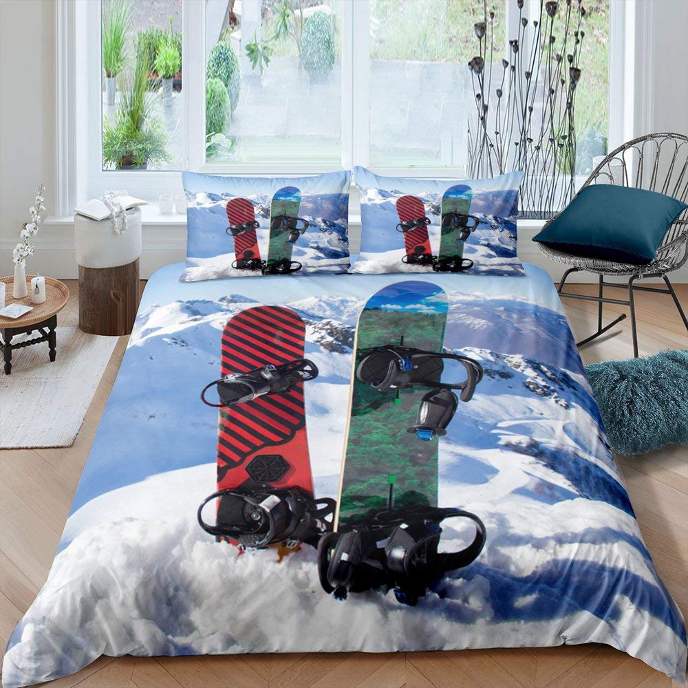 Snowboard Duvet Cover Set Snow Mountain Bedding Set 3pcs for Kids Boys Teens Winter Snow Scenery Print Comforter Cover Microfiber Bedspread Cover with 2 Pillow Cases(No Comforter) Double Size — image 1