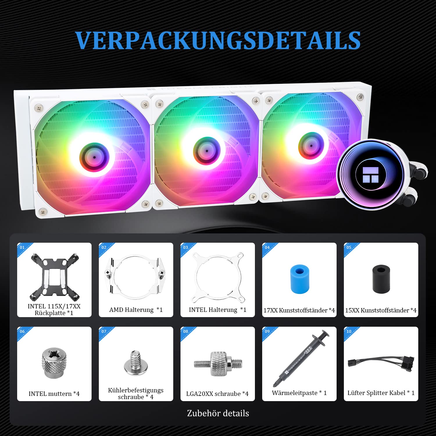 Thermalright Frozen Notte 360 WHITE ARGB V2 Wasserkühlung CPU-Kühler,360 White CPU-Kühler Spezifikationen,3 PWM-Lüfter, S-FDB-Lager, Geeignet für AMD:AM4/AM5,Intel LGA 1700/1150/1151/1200/2011 6