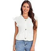 Women's Sleeveless Casual Cropped Chunky Knit Cardigan Button Down Crochet Sweater Vest Tops with Pockets