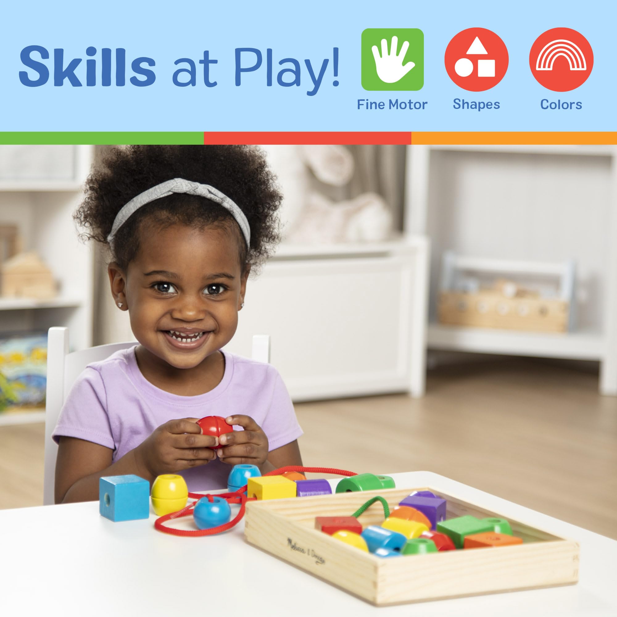 Melissa & Doug Primary Lacing Beads - Educational Toy with 8 Wooden Beads and 2 Laces
