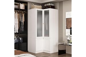 MOUMON Corner Wardrobe Closet with 2 Acrylic Doors, Armoire Wardrobe Closet with Hanging Rod, Closet for Bedroom Wood Grain (16.3+19.1”W x 19.1+16.3”D x 70.9”H)