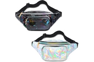 2 Pieces Holographic Fanny Pack Neon 80s Party Belt Bags Festival Neon Shiny Beach Bag with Adjustable Belt for Women Men(Whi