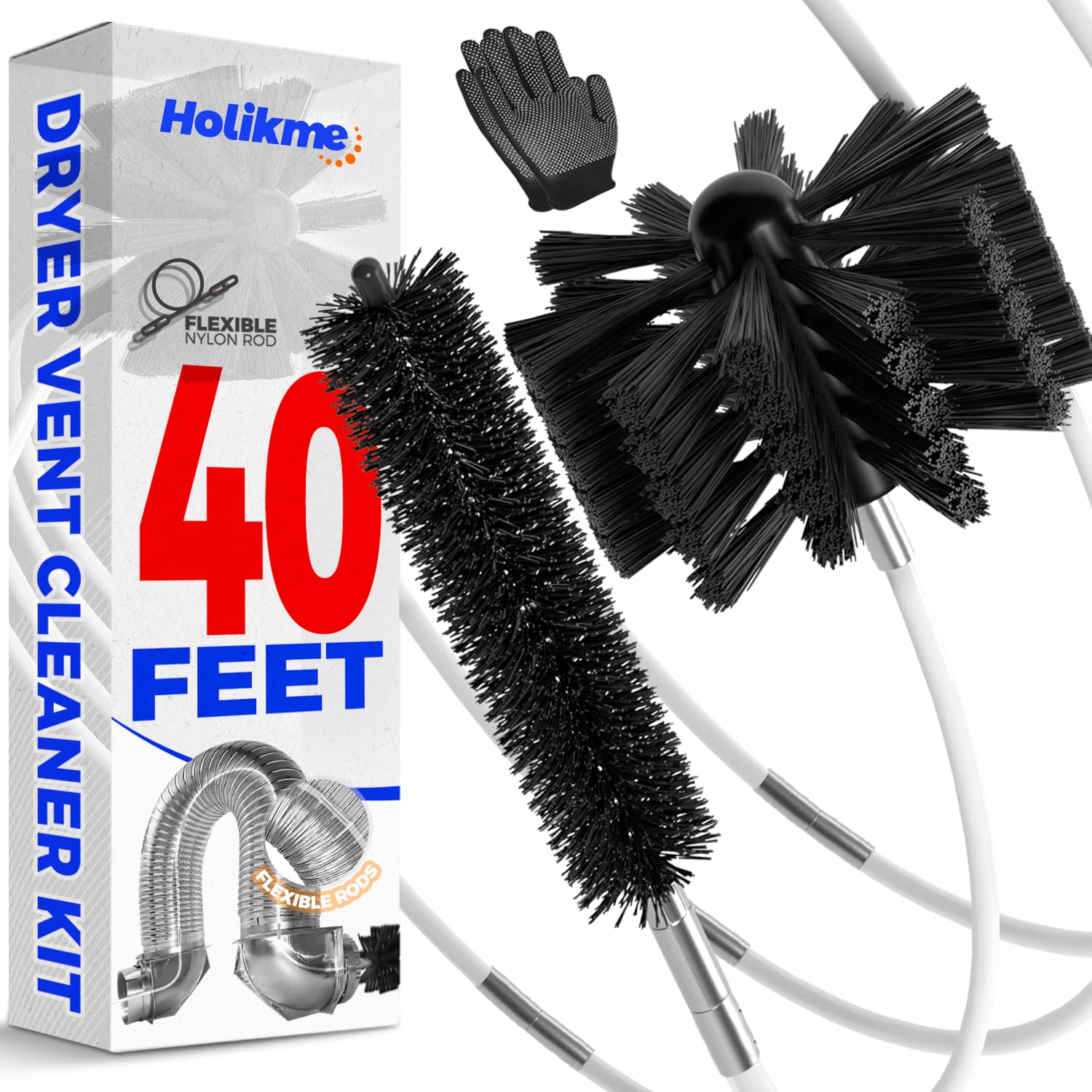 Holikme 40 Feet Dryer Vent Cleaner Kit, Flexible Lint Brush with Drill Attachment, Extends Up to 40 Feet for Easy Cleaning, Synthetic Brush Head, Use with or Without a Power Drill