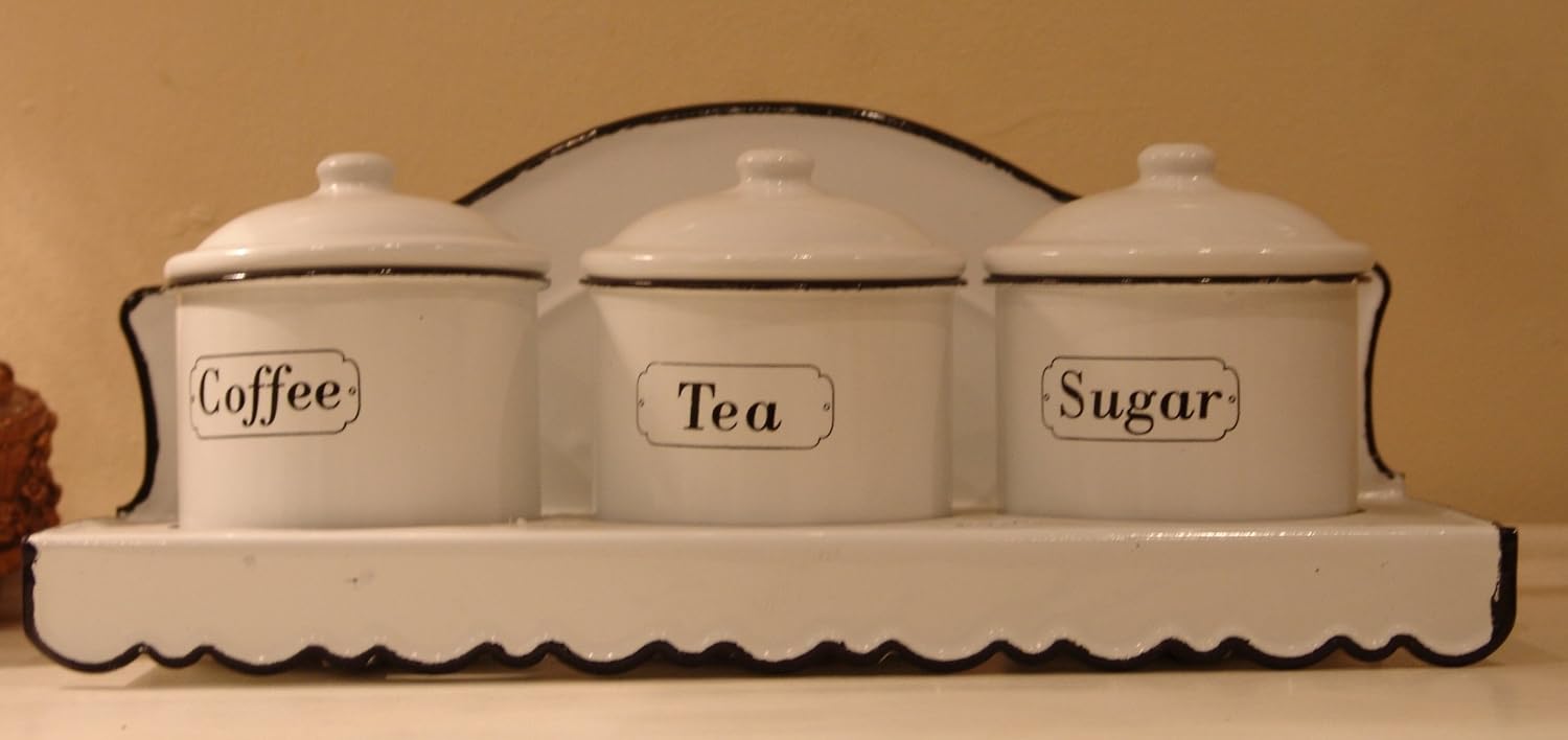 Tea coffee and sugar enamel pots with holder Amazon.co.uk Kitchen & Home
