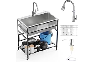 FAUENPEEY 30x18 Inch Stainless Steel Utility Sink-Freestanding Laundry Sink Practicality With Accessories Stainless Functional Faucet,Soap Dispenser, SS Sink Grid For Laundry,Garage,Outdoor Kitchen,Garden...
