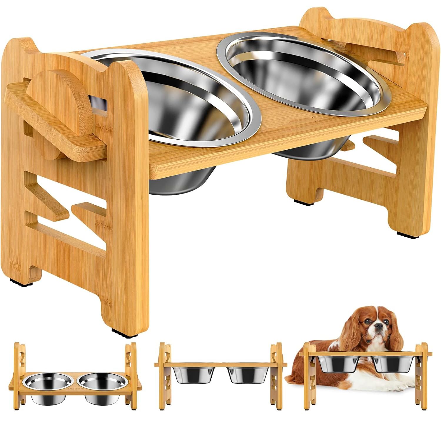 BSTMOME Elevated Dog Bowls - Adjustable Raised Dog Bowls - Dog Bowls with Stand - Dog Feeding Station for Small Dog and Cat with 2 Stainless Steel Bowls and Non-Slip Feet, Durable, Bamboo (Wooden)